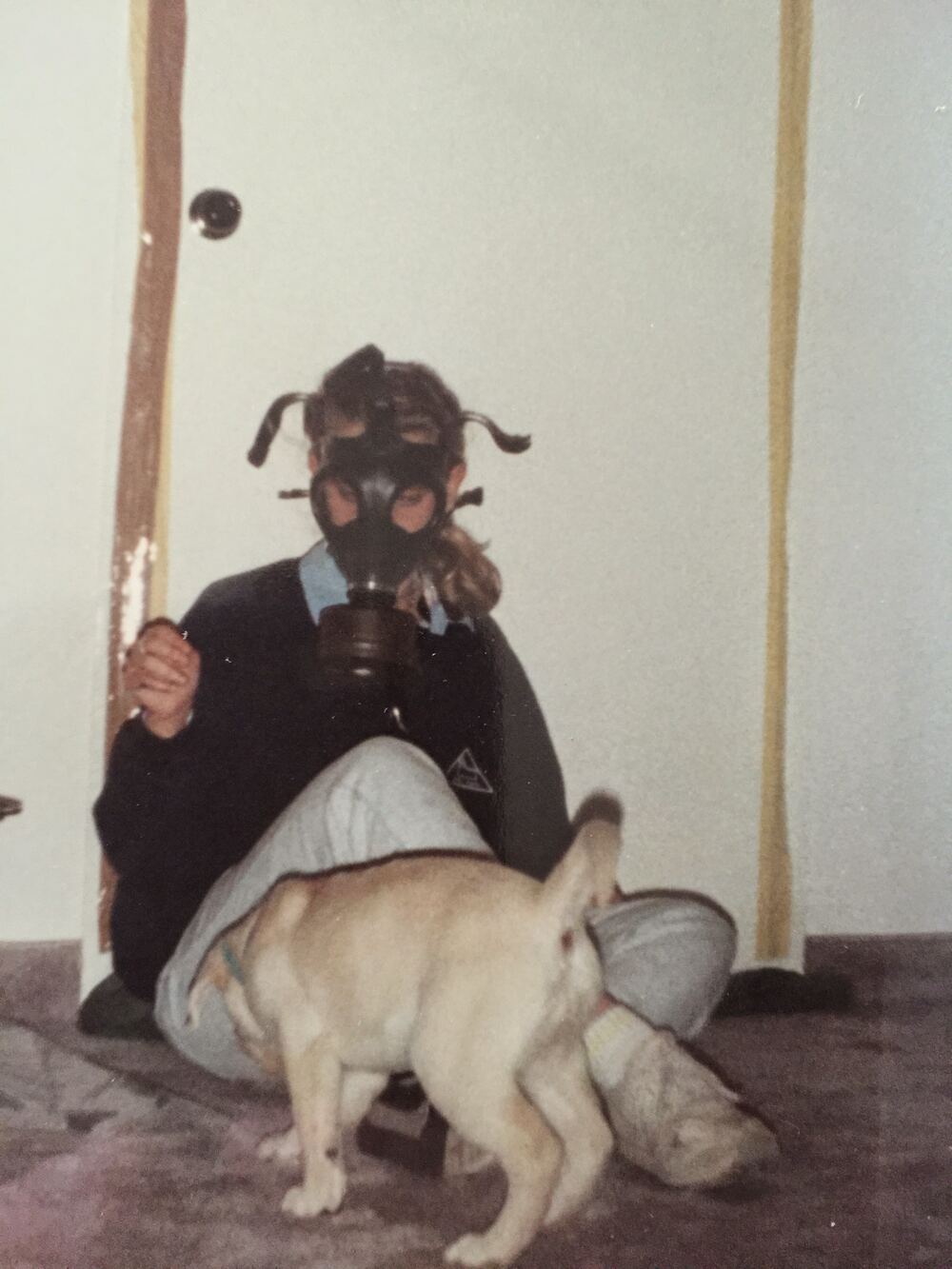 Young Ilana wearing a gas mask during wartime in Israel