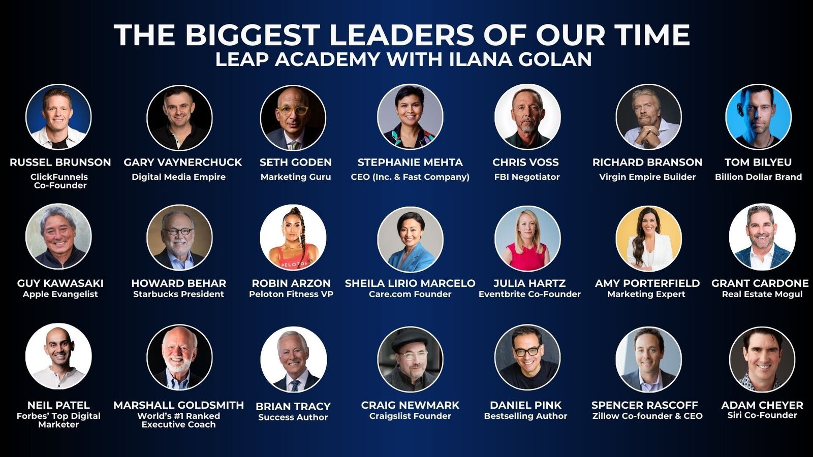 Leap Academy Podcast guests: Russell Brunson, Gary Vaynerchuk, Seth Godin, Richard Branson, Guy Kawasaki, Grant Cardone, Neil Patel, and other leaders